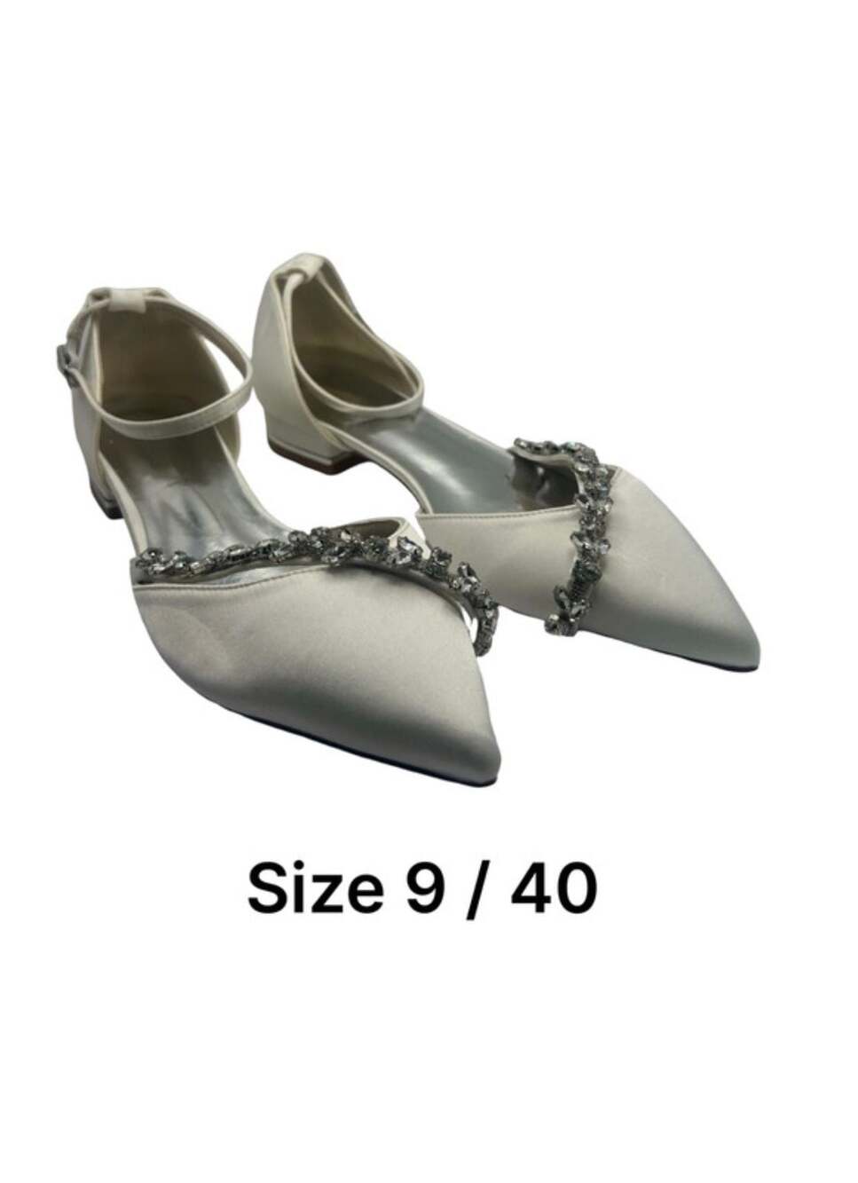 White Satin Pointed Toe Flats with Rhinestone Embellishment